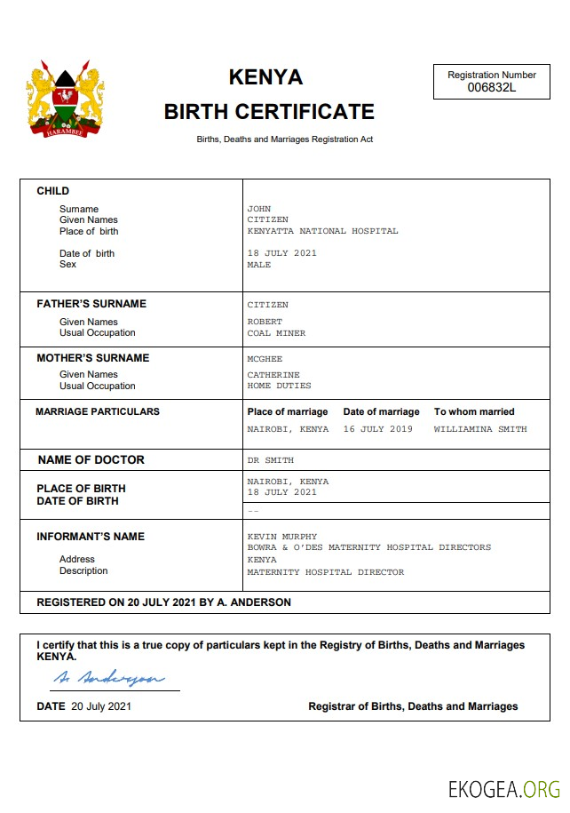 Modèle Word et PDF d'acte de naissance d'acte d'état civil au Kenya